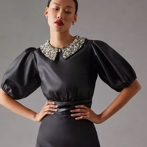 Anthropology Maeve Faux Leather Puff-Sleeve Blouse